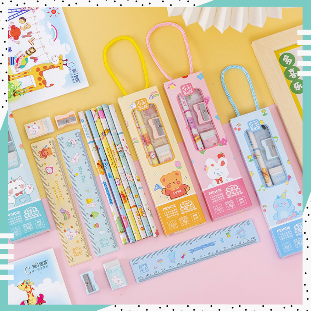 

1 Set Alat Tulis Rautan Penghapus Penggaris Pensil | Kado Hadiah Lucu Anak Anak Sekolah 5 In 1 | Perlengkapan Sekolah Dasar | Kids School Gift Set Box Stationery