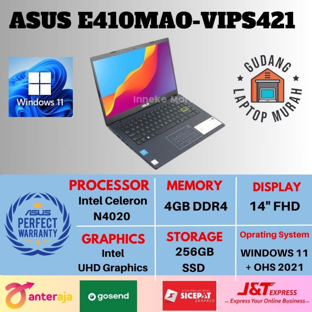 LAPTOP ASUS E410MAO-VIPS421 CELERON N4020 4GB 256GB WIN 11 OHS ORI