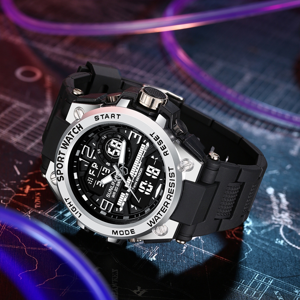 Sunlifex Jam Tangan Pria Digital&Analog Olahraga Multifungsi Tali Silikon Jam Tangan Cowok D003-7