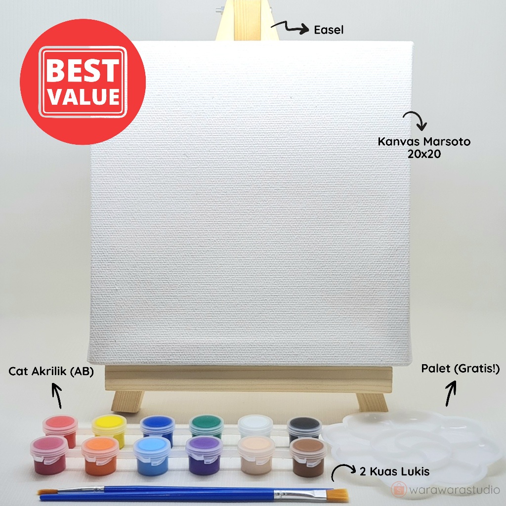 

Paket Melukis (Painting Kit) Lengkap Standar. Kanvas 20x20. Easel. Cat Akrilik. Palet. Kuas. (BEST VALUE).