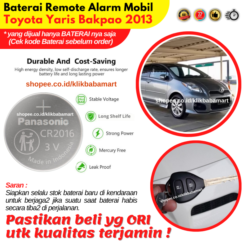 Baterai Remot Kunci Alarm Mobill Toyota Yaris Bakpao Tahun 2013 Original