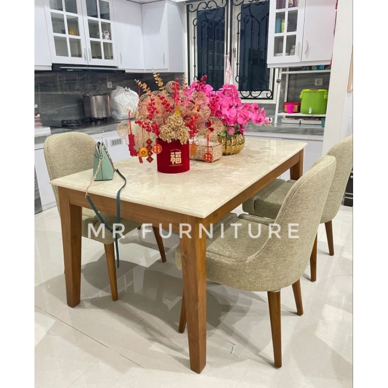 set meja makan top marmer krem 180x120x75 cm kusi 4 pc