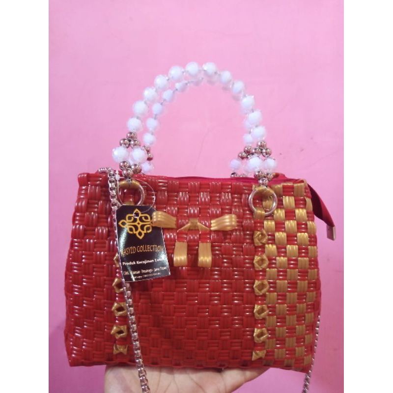 Tas Anyaman Mutiara,Plastik Jali Premium Resleting Furing, Handle Mutiara, Rantai,  Tas Jali Pesta