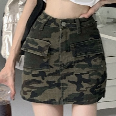 women's clothing [orange sunset] work camouflage denim skirt women's small high waist stretch A- lin