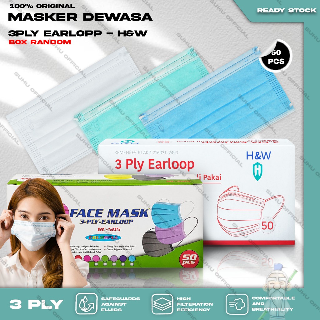 Masker Medis 3Ply H&W isi 50Pcs Warna Biru Hitam Hijau Abu Putih Earloop Surgical Mask Kemenkes