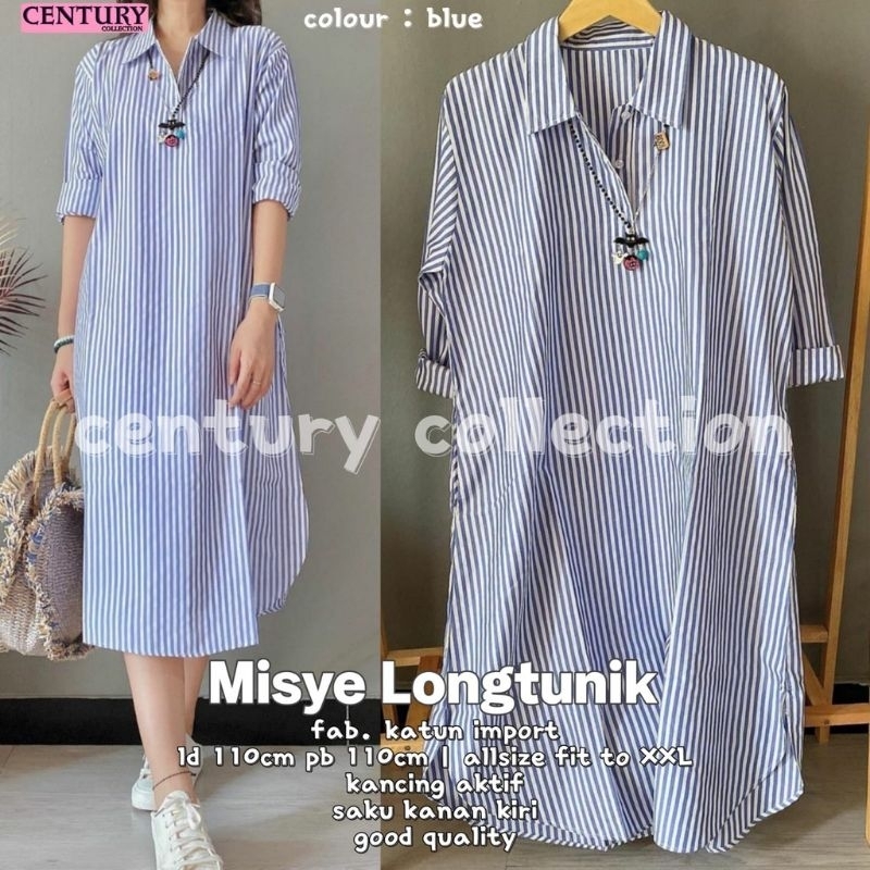 Misye Long tunik warna biru atasan tunic cewek bahan Katun import fit to XXL motif salur garis garis