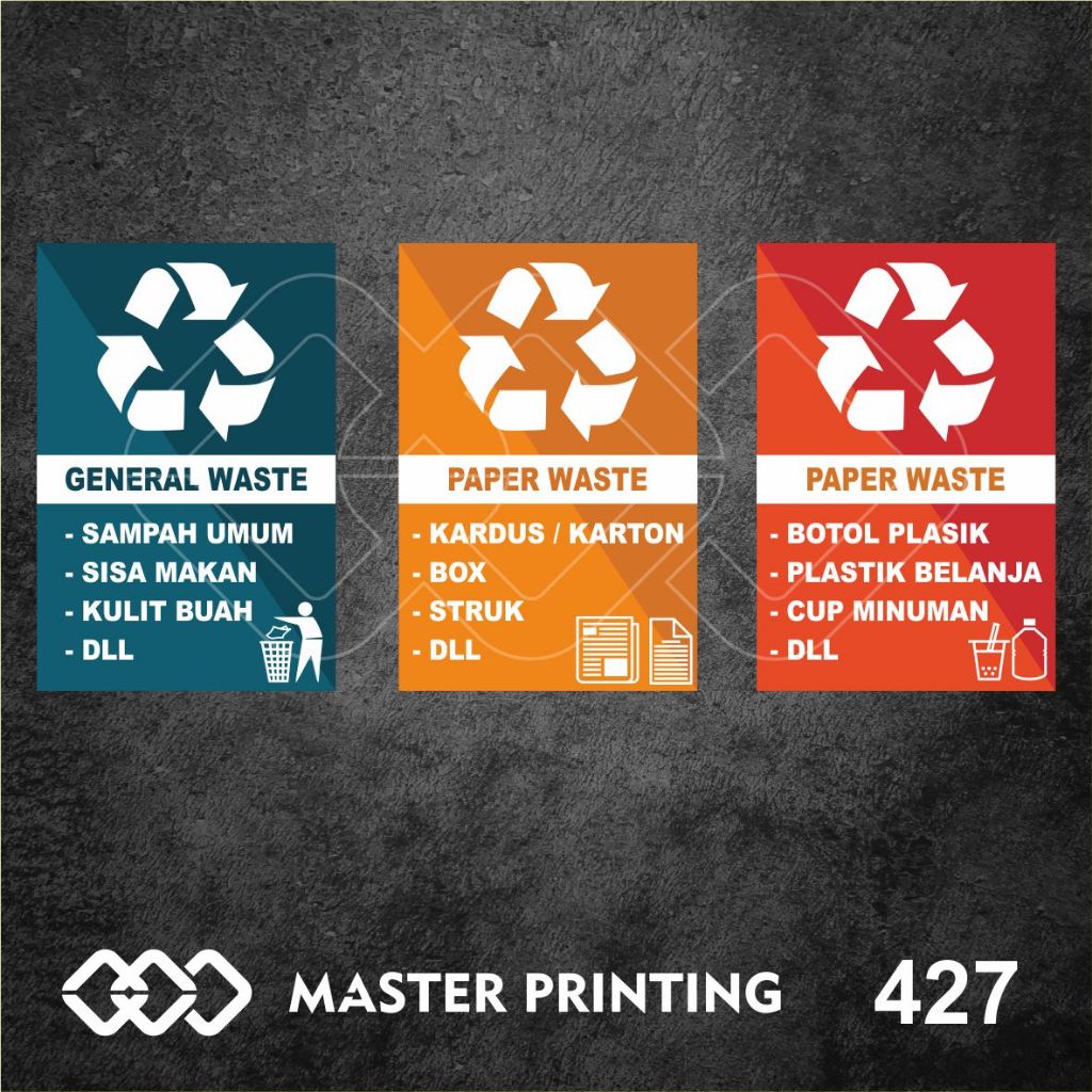 

427 - Stiker General Waste, Paper Waste, dan Plastic Waste, Vinyl, Tahan Air, Termurah, Bisa Custom