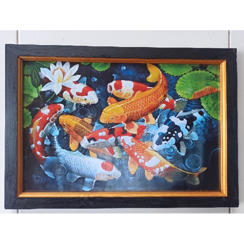 hiasan dinding cetak poster ikan koi plus bingkai ukuran (53cmx35cm)