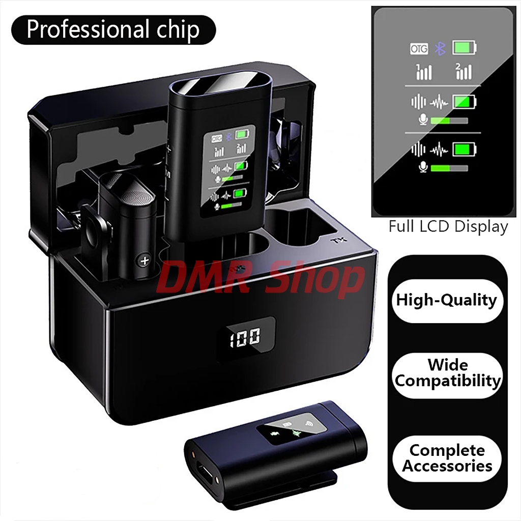 Wireless Microphone LCD Display dengan Pengisi daya Clip On Mic Hp dan Kamera Smartphone Lavalier Mi