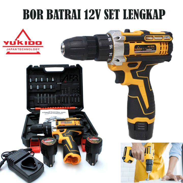 SPECIAL EDITION CORDLES YUKIDO 12V-SET Bor Obeng Bor Baterai 12 Volt Cordless Drill