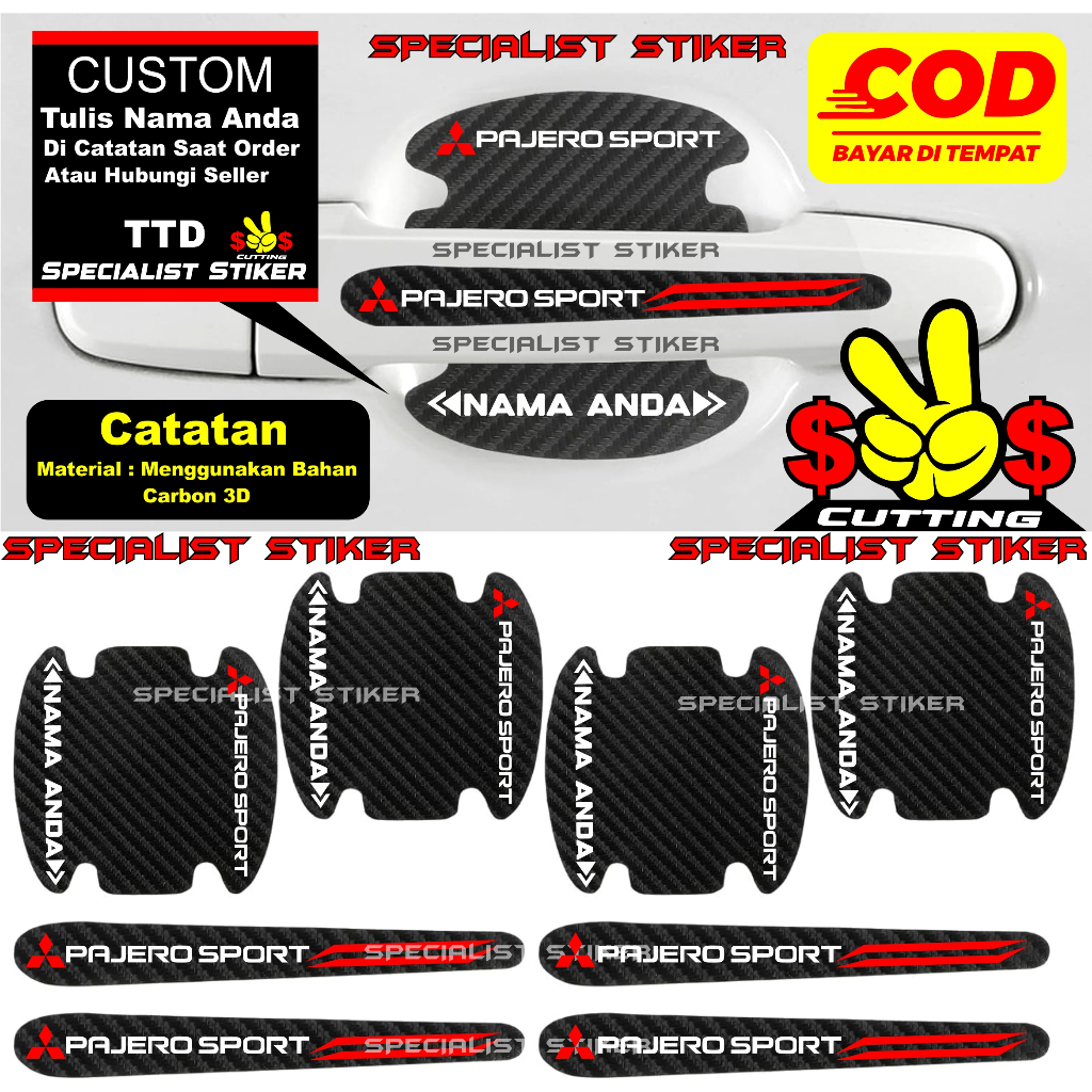 8Pcs Stiker Handle Pelindung Gagang Pintu Mobil Mitsubishi Pajero Sport Berbahan Serat Carbon Anti G
