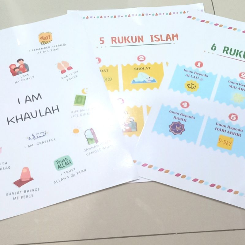 Set 3 Poster Edukasi Anak Muslim (Afirmasi positif, Rukun Islam, Rukun Iman)