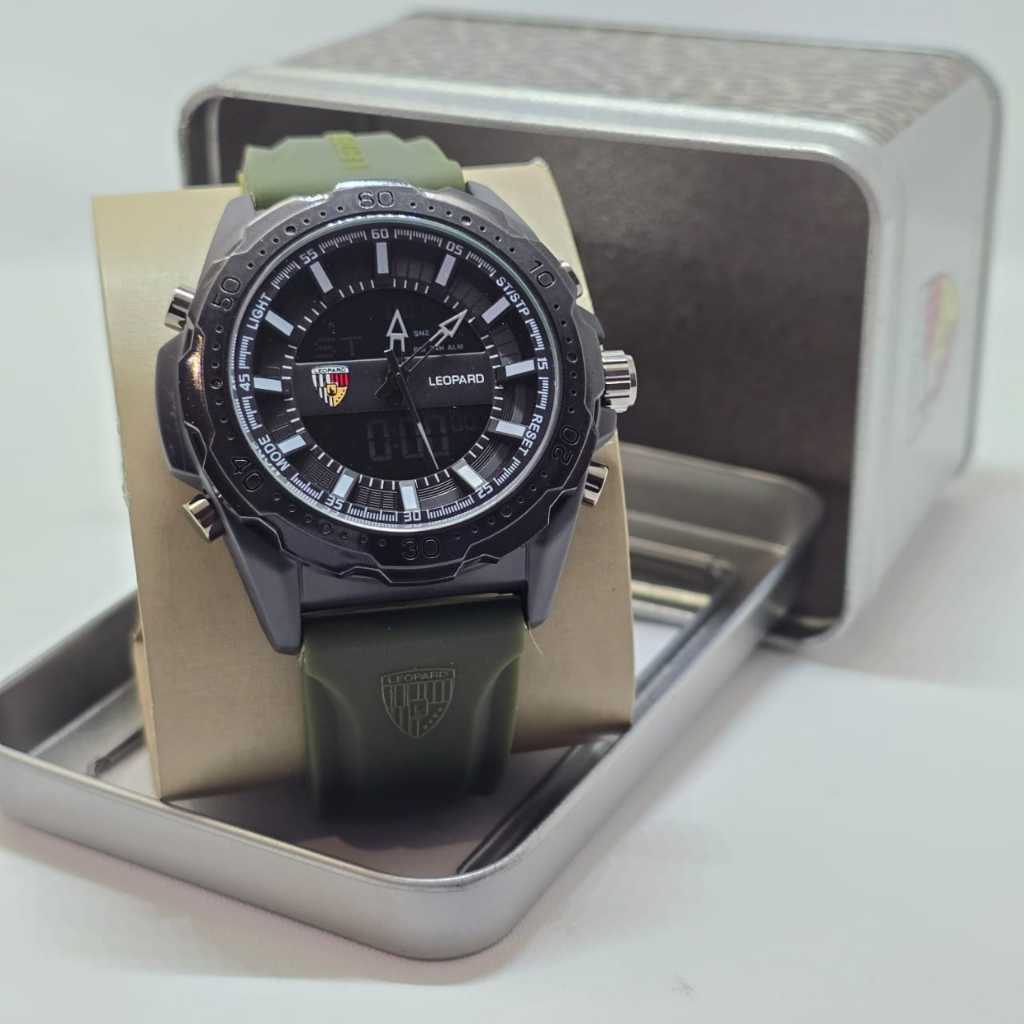 (BISA COD) JAM TANGAN PRIA LEOPARD 8057 ORIGINAL RUBBER KARET DUAL TIME ANALOG - DIGITAL FREE BOX AN