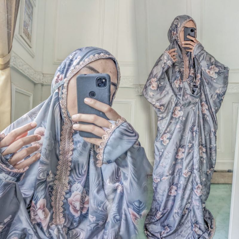 Mukena Terusan Silky Armani Premium Mewah Mukena Wanita Dewasa Motif Bunga Bahan Jatuh Adem