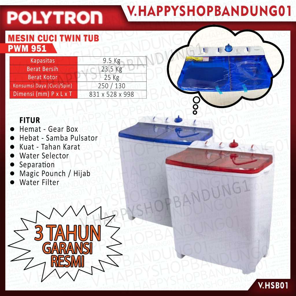 mesin cuci 2 tabung polytron 9.5 type pwm 951 garansi resmi