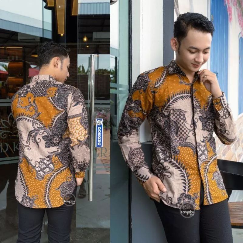 MAMAS BATIK-TERBARU-KEMEJA BATIK PRIA MURAH MEWAH PRIA LENGAN PANJANG MOTIF KERIS COKLAT BATIK PEKAL