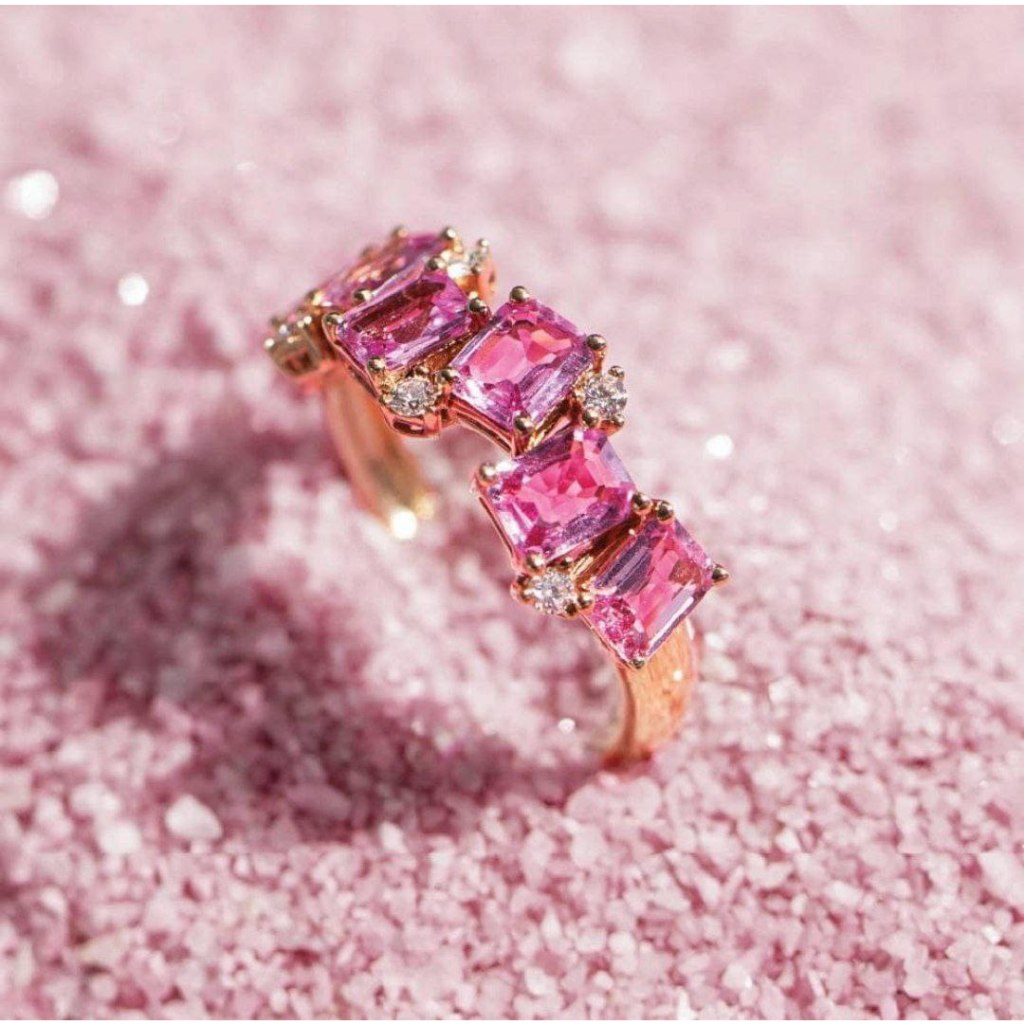 Luna Ring - Emerald Cut Pink Fancy Color Sapphire with Diamond Ring