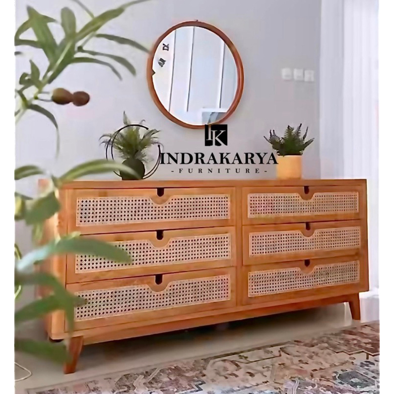 Meja Drawer Rotan Laci 6 Kayu jati solid Jepara