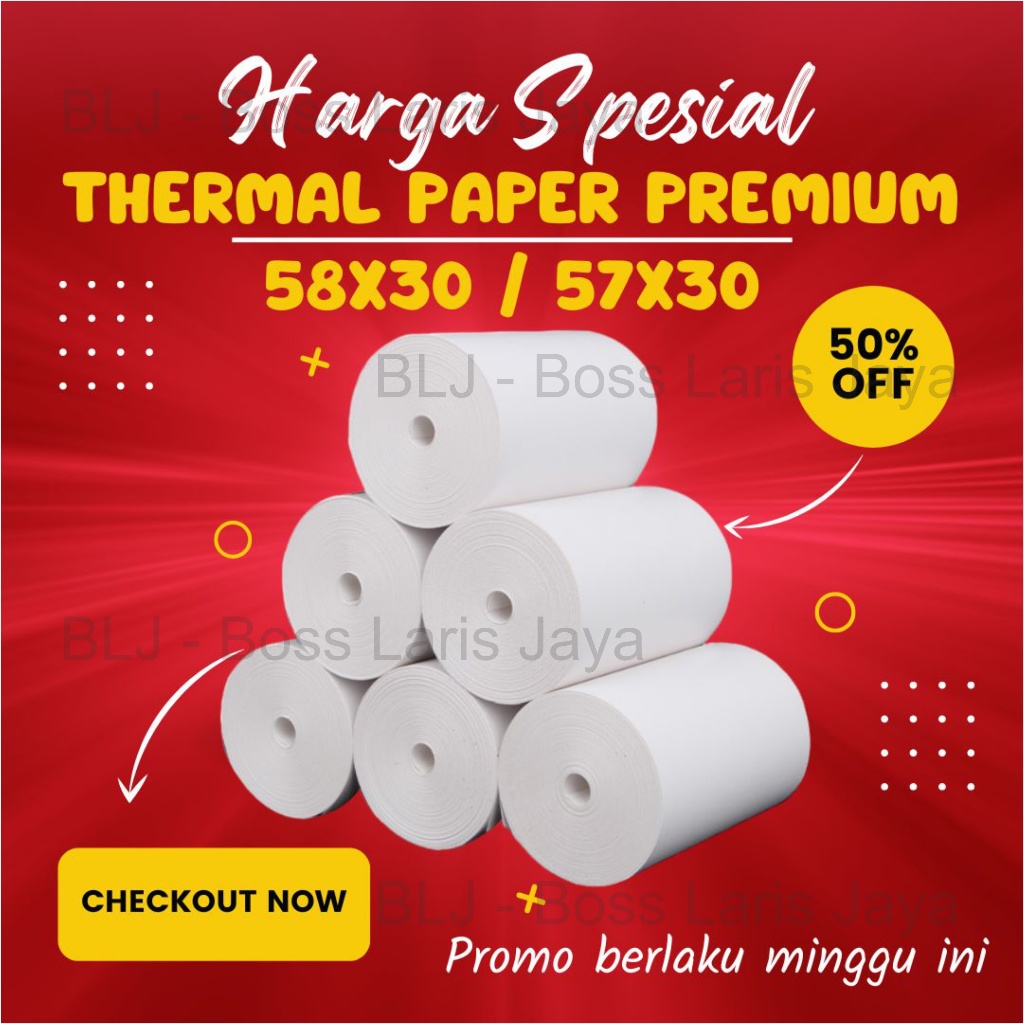 

KERTAS STRUK THERMAL PAPER ROLL 58MM 58x30 TERMAL EDC THERMAL PRINTER MINI BLUETOOTH 57x30 CORELESS PREMIUM