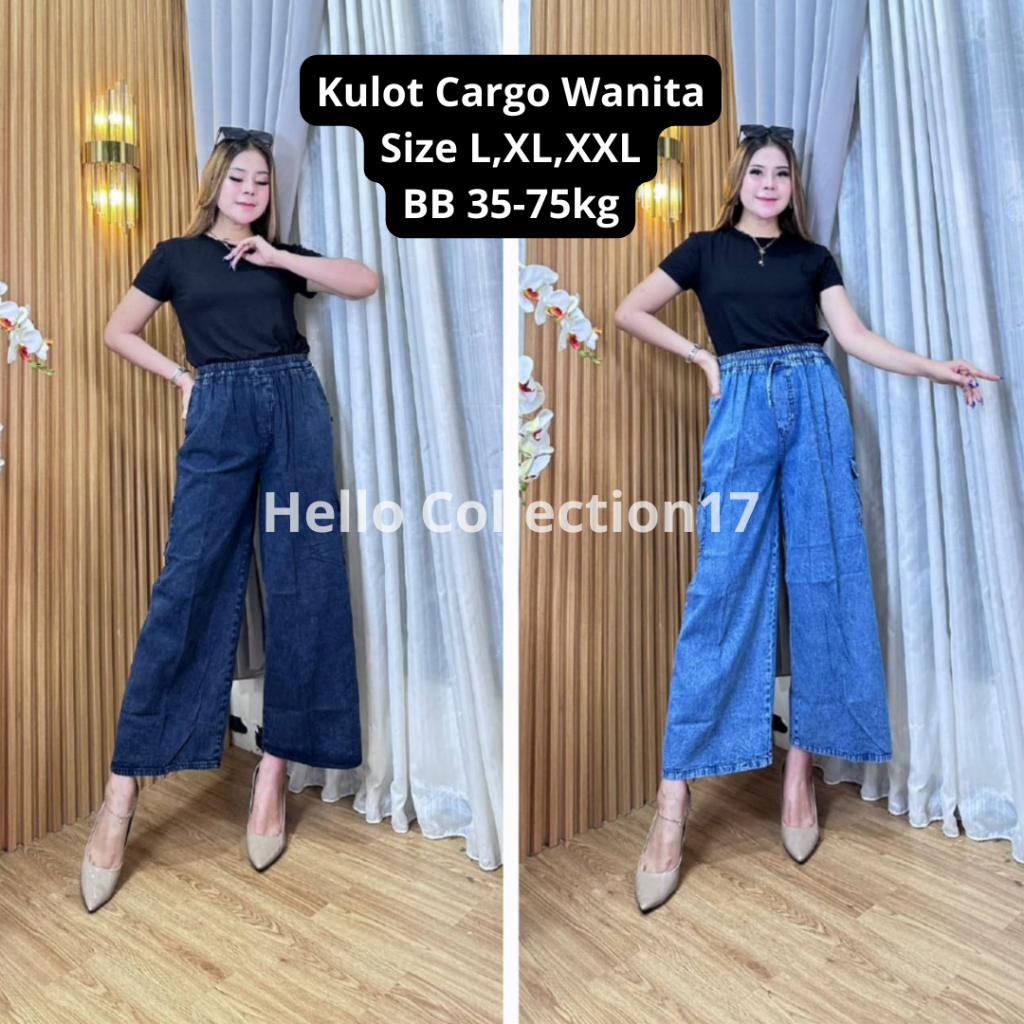 Celana Jeans Kulot Cargo Wanita Kekinian Size L,XL,XXL BB 40-75kg Bahan Premium Halus