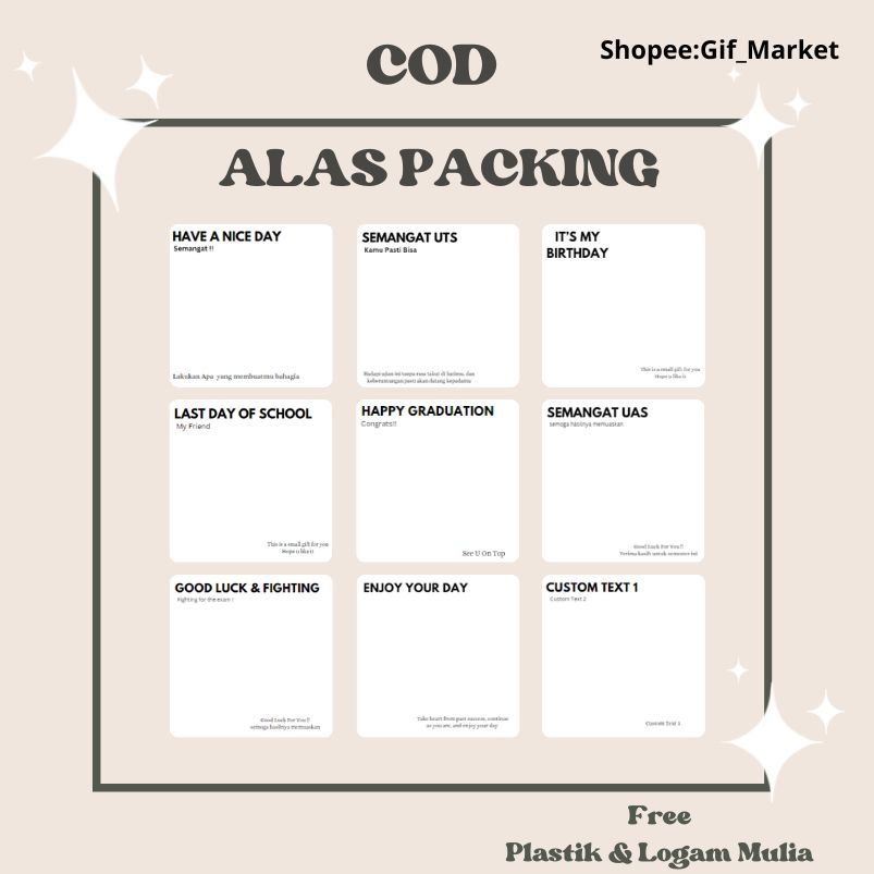 

Alas Packing | Cod | Free Ongkir| Paper Aksesoris |Free logam mulia | Free Plastik| | Kertas Dudukan | Cute Paper | Alas Packaging|Tidak ada minal order|Tag Kalung|Tag cincin||Tag aksesories|cartoon|kartun|minigift|kerts