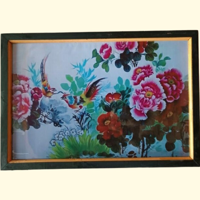 hiasan dinding gambar burung kicau dan bunga mawar plus bingkai