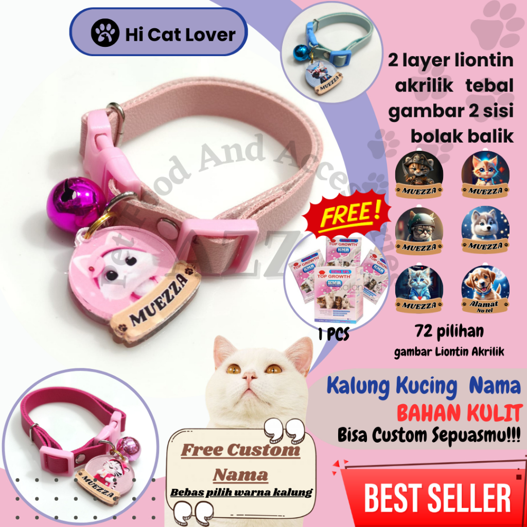 Kalung Kucing Nama Bahan Kulit Lonceng Besar Custom Acrylic Dua Sisi Gratis Susu kucing