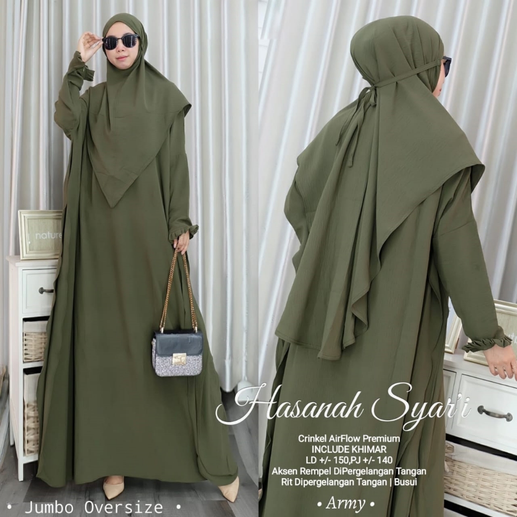 BAJU GAMIS SYARI SETELAN WANITA MUSLIM HASANAH SET KHIMAR