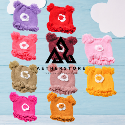Topi Rajut Anak Motif Renda Bunga Cute Kupluk Pompom Anak Perempuan | Umur 5 Bulan - 3 Tahun