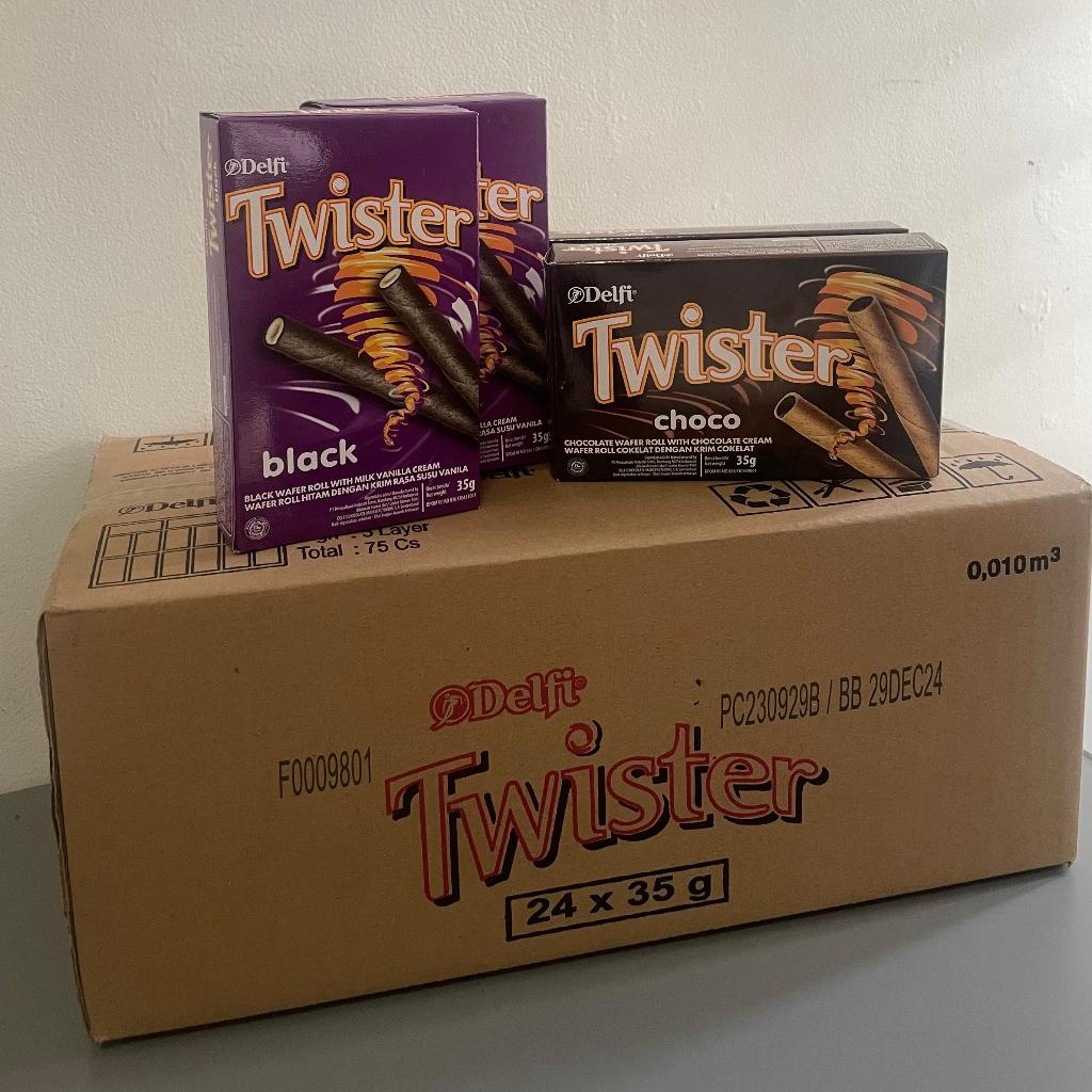 

DELFI TWISTER 35GR 1 PACK ISI 24 | CHOCOLATE BLACK VANILLA | COKLAT WAFER ROLL