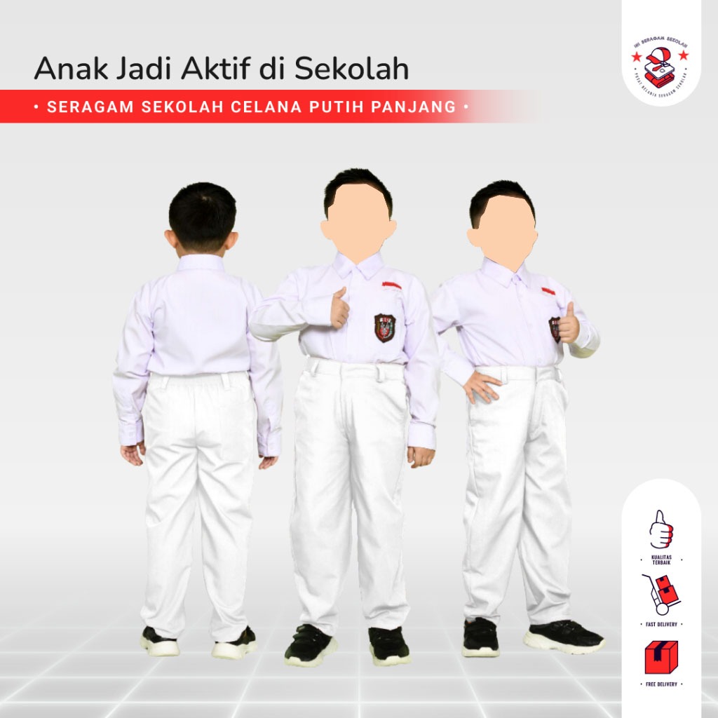 Celana Putih Anak Laki Pria Panjang Seragam Sekolah SD SMP SMA SMK Pinggang Karet