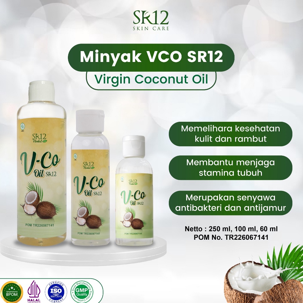 VCO Oil SR12 Minyak Kelapa Murni  Minyak VCO Untuk Kecantikan  Minyak Kletik VICO Virgin Coconut Oil SR12 Herbal Tinggi Asam Laurat Untuk ASI Booster Imun Booster  Daya Tahan Tubuh  Minyak Klentik Perawatan Rambut dan Kulit Pecah Pecah  VCO Kucing