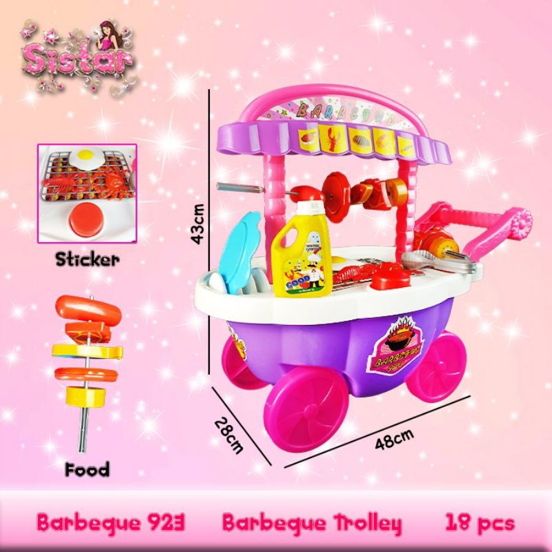 Mainan Anak Cewek Gerobak Barbeque, Barbeque Trolley Set BBQ Masak