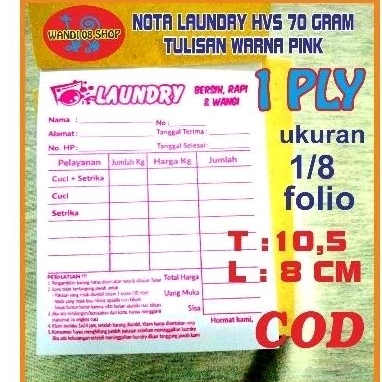 

nota laundry pink 1 ply . HVS 70 gram.. isi 50 lembar.ukuran 8 × 10,5 cm.minimal beli 5 buku