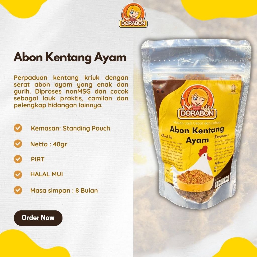 

ABON KENTANG AYAM DORABON 4O GRAM KEMASAN POUCH