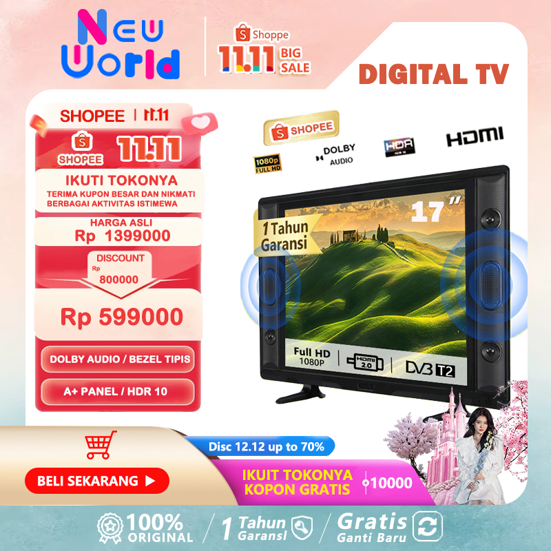 TV Digital 17 Inch Full HD 1080P TV LED 17 Inch TV DVB-T2 TV Murah Televisi Dolby Audio HDR10 Panel 
