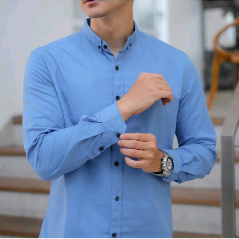 Kemeja Polos Biru Denim Lengan Panjang Oringinal Kain Katun Oxford Premium