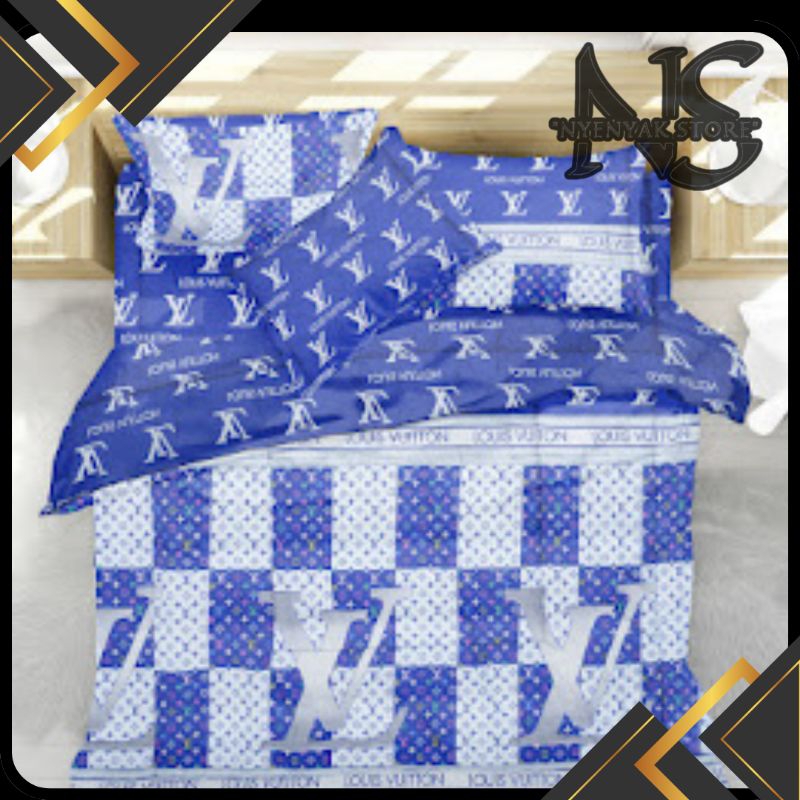 bedcover set motif LV berwarna biru bahan nya nyaman untuk di pakai