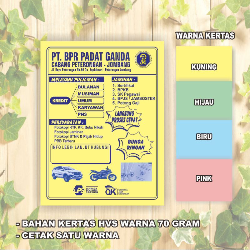 

Brosur cetak satu warna dua sisi kertas HVS warna (1 rim )