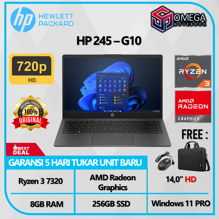 Laptop HP 245 G10 Ryzen 3-7320U 8GB 256GB 14" AMD Radeon Graphics Windows 11 Pro