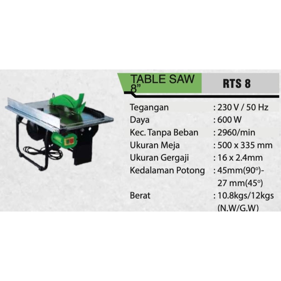 RYU TABLE SAW 8" RTS 8 - GERGAJI MEJA RYU 8 INCH -ALAT PERKAKAS -TOOLS