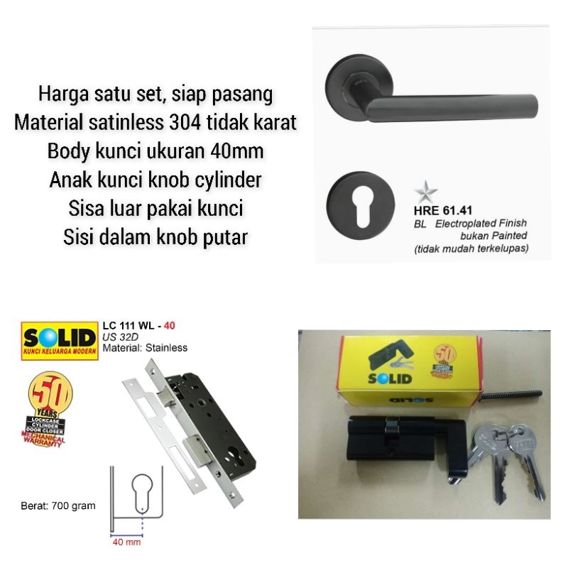 HANDLE PAKET SOLID HRE 61.41 BLACK + BODY KUNCI 40MM + KNOB CYLINDER SOLID HITAM
