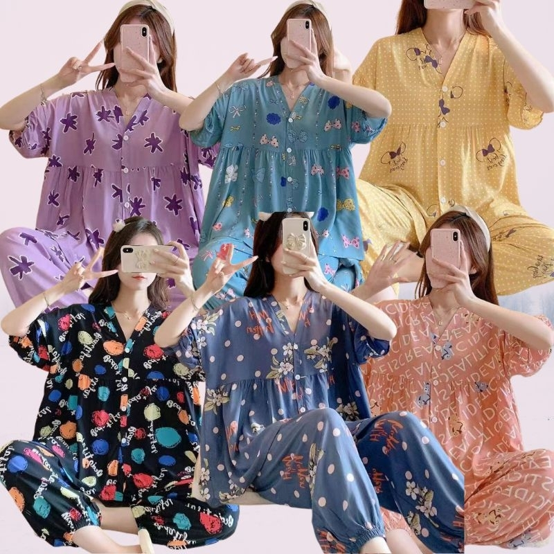 SETELAN SETCEL ONE SET  BAJU KAOS TIDUR PIYAMA CP CELANA JOGGER JUMBO WANITA DEWASA KATUN IMPORT KOR