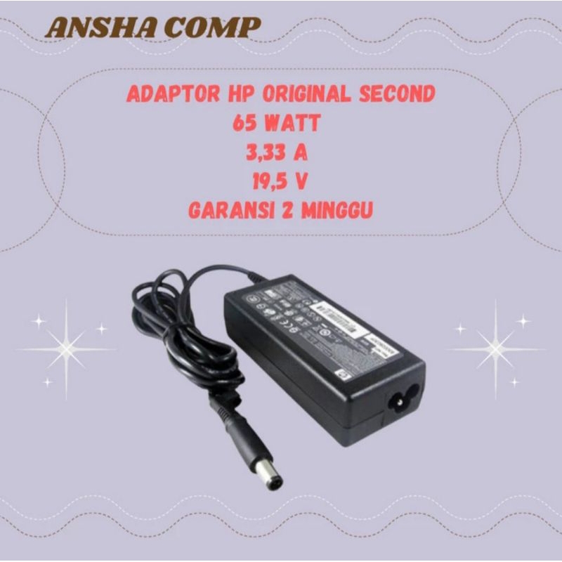 ADAPTOR LAPTOP MERK HP SECOND ORIGINAL - 65WATT JARUM BESAR