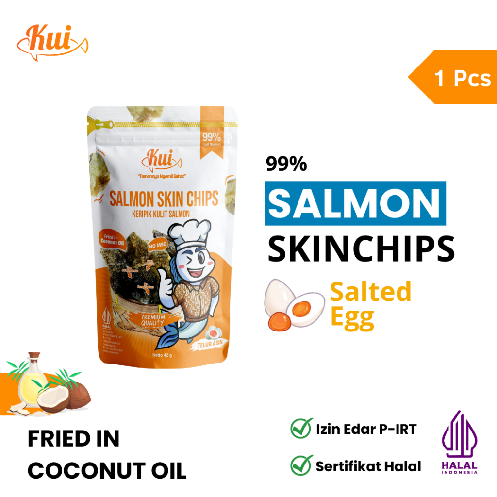 

KUI Salmon Skin Non Msg & Pengawet / Cemilan Sehat Keripik Kulit Ikan Salmon Tanpa Tepung Salted Egg