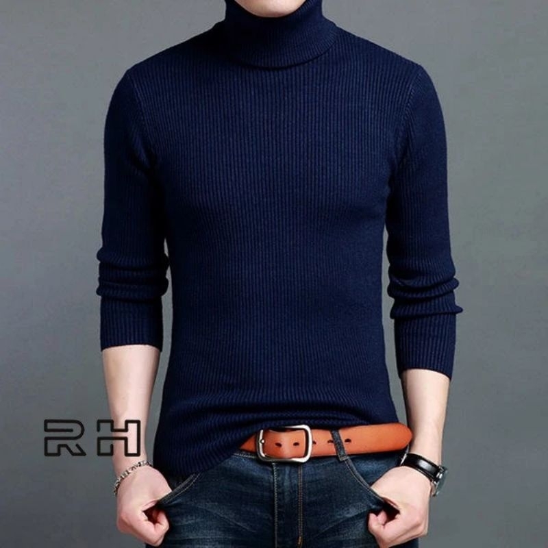 Baju rajut turtle neck pria/sweater pria inner rajut pria rib navy