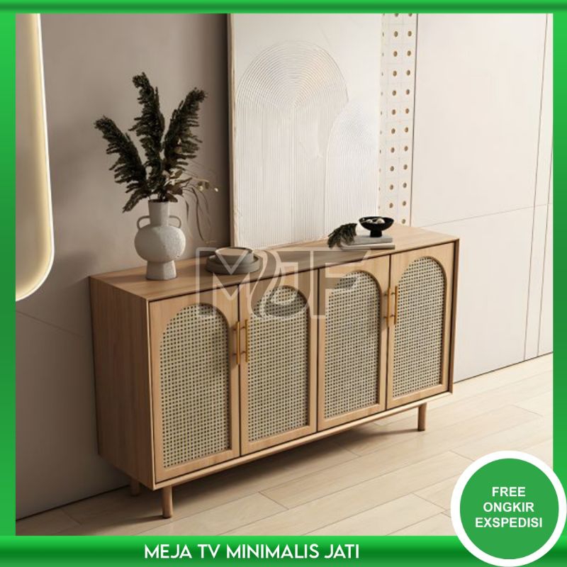 Bufet meja tv minimalis kayu jati 4 pintu rotan