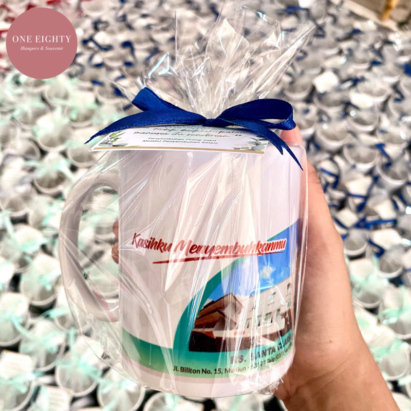 SOUVENIR MUG KERAMIK CUSTOM KEMAS PLASTIK PITA SOUVENIR WEDDING PERNIKAHAN BRIDESMAID BIRTHDAY ULANG