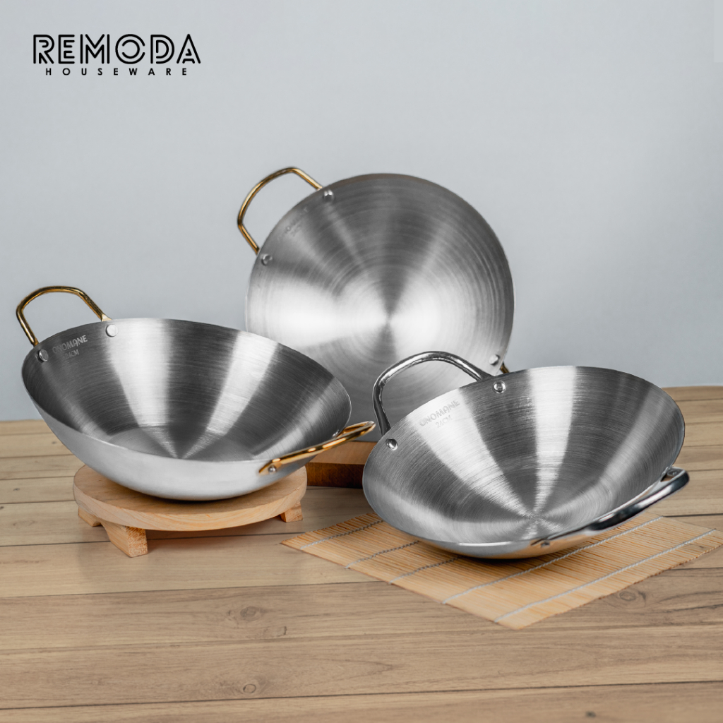 Onomane Wajan Penggorengan Kuali Mini Stainless Steel Gagang Kuping & Kayu 20-32cm