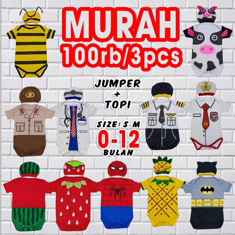 jumper bayi karakter baju romper set jamper kaos pakaian laki laki perempuan newborn profesi buah he